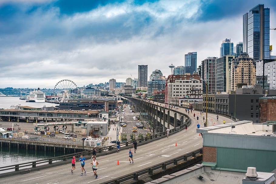 grup, orang, berjalan, jalan, siang hari, Seattle, Marathon, Rocknroll, Kota, maraton