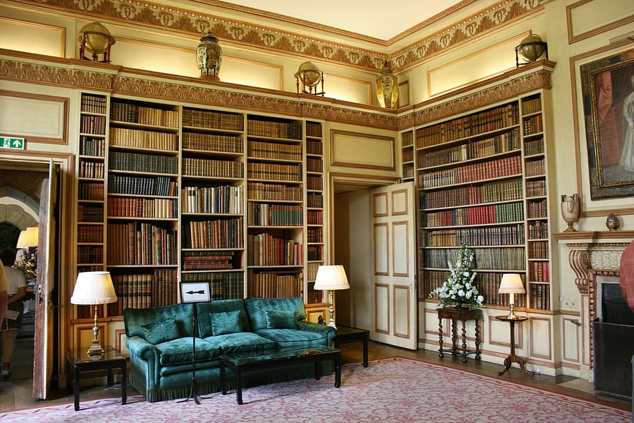 white, wooden, bookshelves, assorted-title book lot, library, books, leeds castle, indoors, architecture, domestic Room