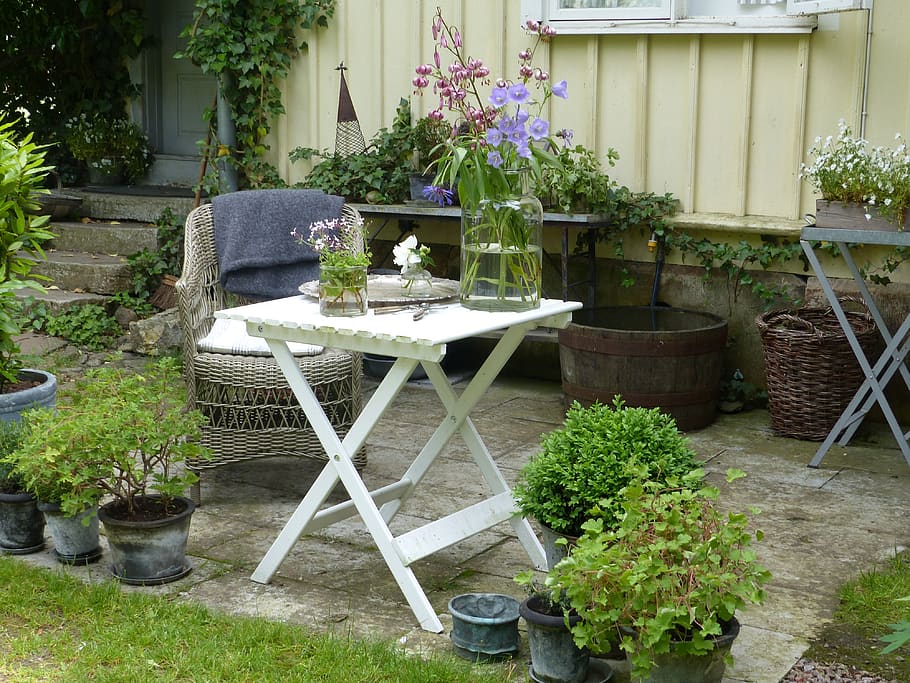 seat, table, chair, garden, flowers, decorations, house, staircase, grass, summer