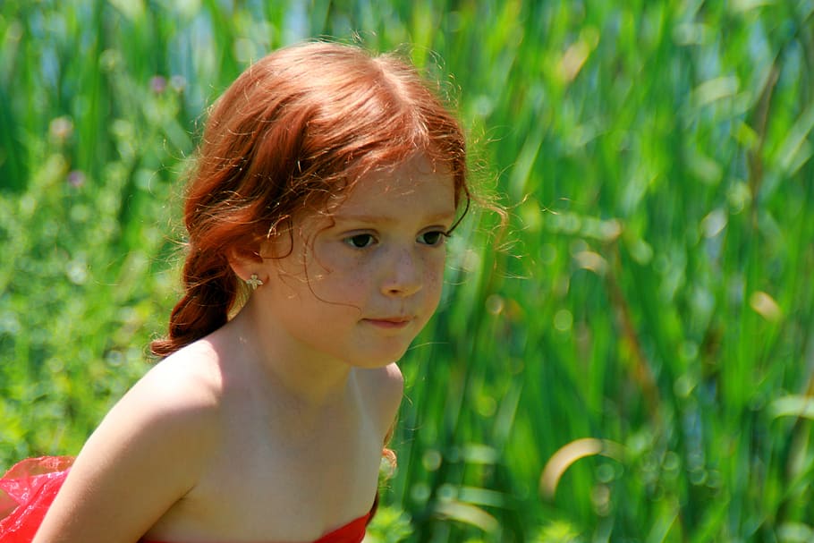 selective, focus photography, girl, red, strapless dress, little red riding hood, portrait, stems, child, summer
