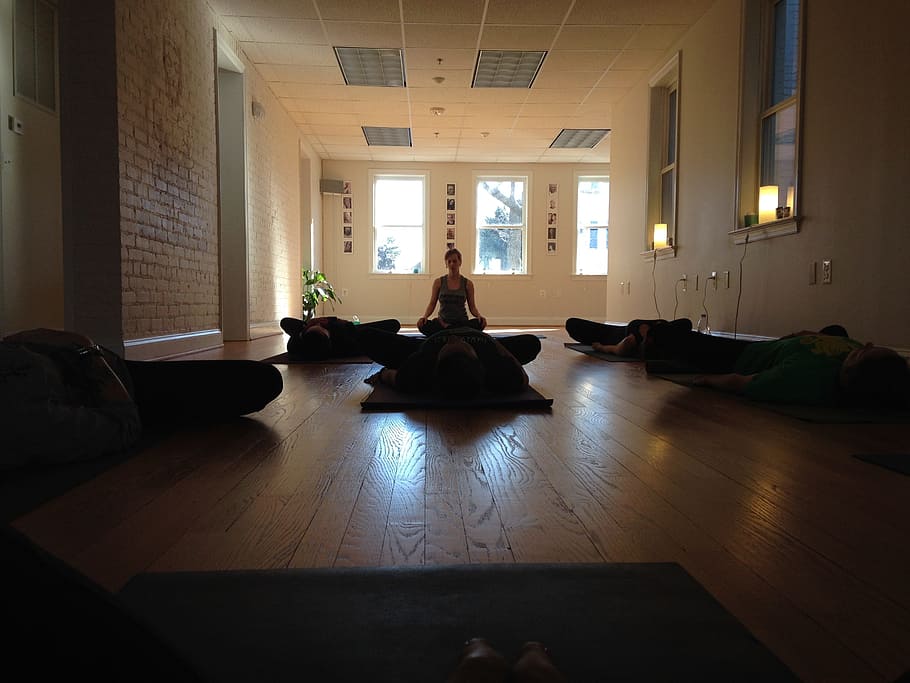 silhouette, people, yoga, inside, brown, wooden, floor room, meditation, exercise, health