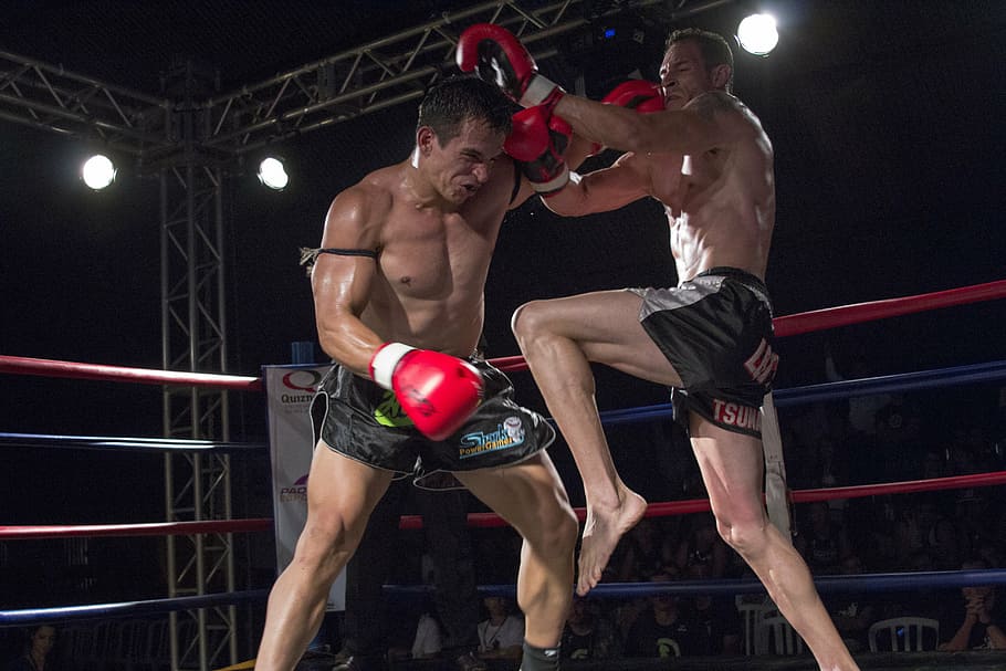 two, male, muay-thai fighters, inside, ring, fighting, sport, action, muay thai, fight
