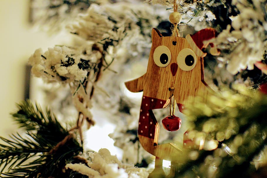coruja, árvore, decoração, bonitinho, diversão, inverno, figura, neve, advento, madeira