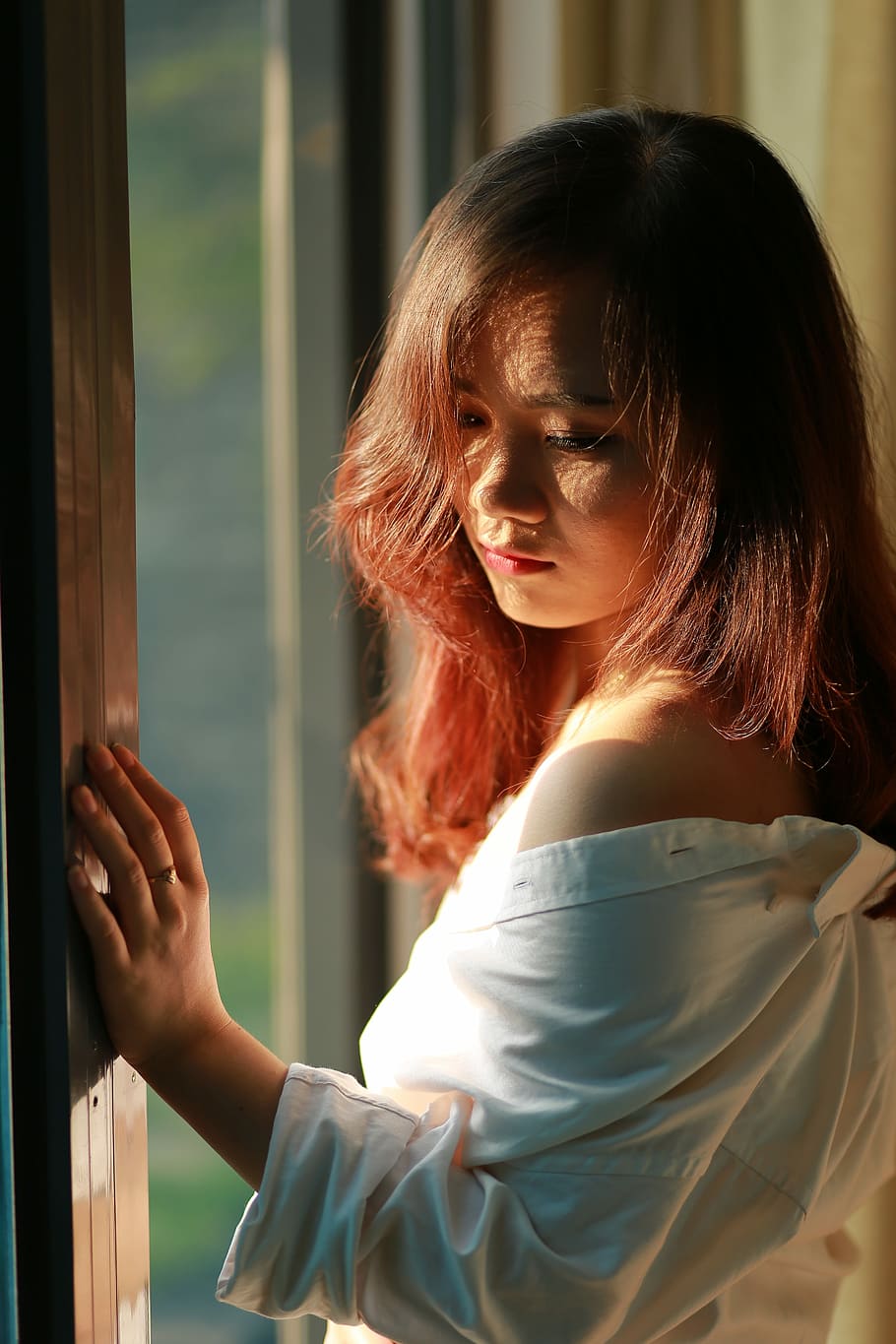 woman, wearing, white, dress shirt, standing, window, fashion, asian, japanese, chinese
