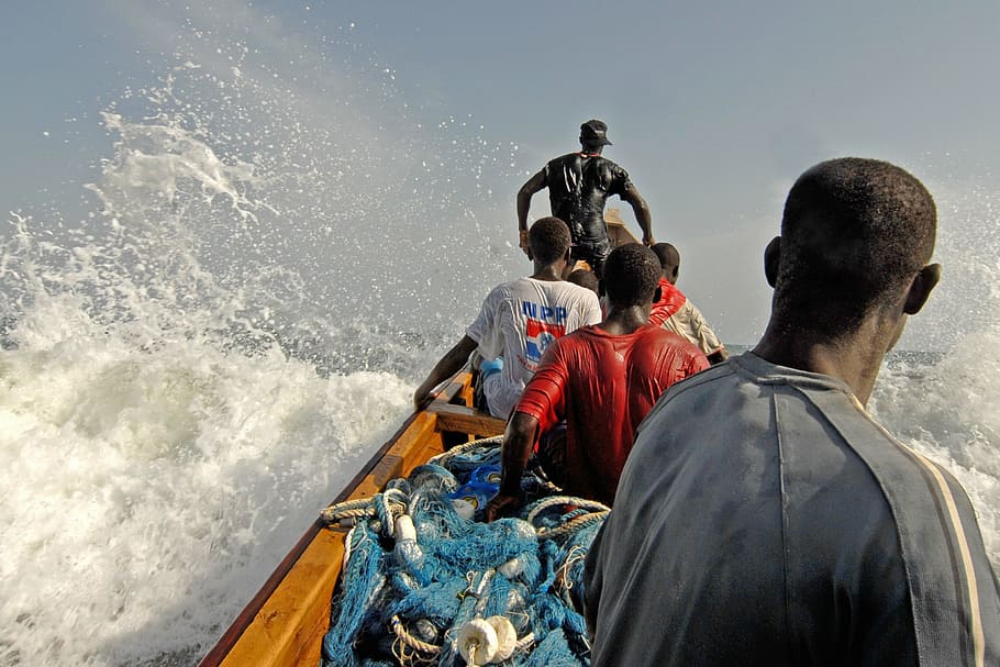 five, men, riding, canoe, body, water, ghana, fischer, rear view, nautical vessel