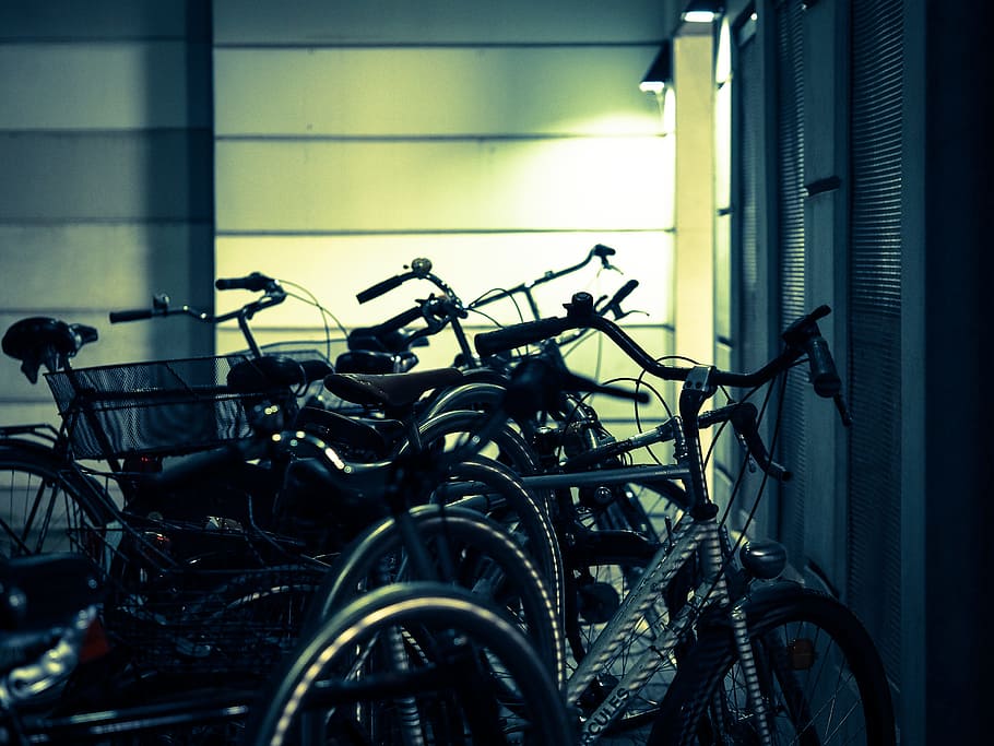 Bike Racks, Bicycles, Night, parking possibility, bike, turn off, silver, side by side, bicycle stand, chrome