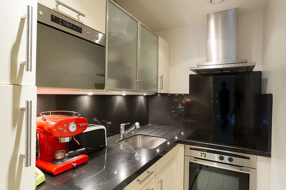 red, espresso maker, sink, faucet, inside, kitchen, furniture, appliances, domestic kitchen, home