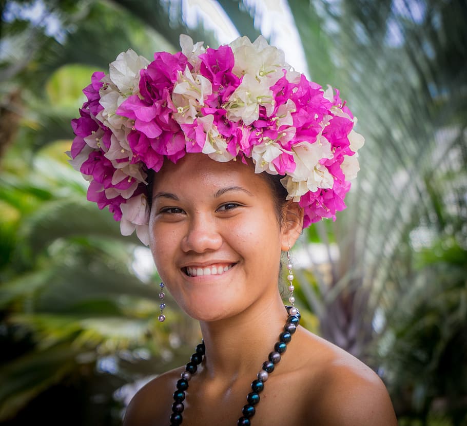 woman, wearing, white, purple, floral, headband, floral head dress, french polynesia, nuva hiva, marquesas islands