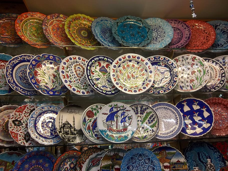 Ornamental, Plates, Gifts, Istanbul, ornamental plates, turkey, grand bazaar, shelf, large group of objects, retail