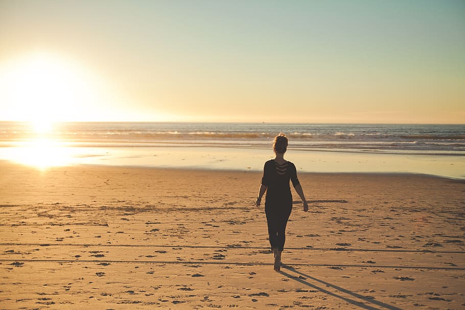 woman, beach, sunset, walk, sand, ocean, sea, sky, bright, beautiful