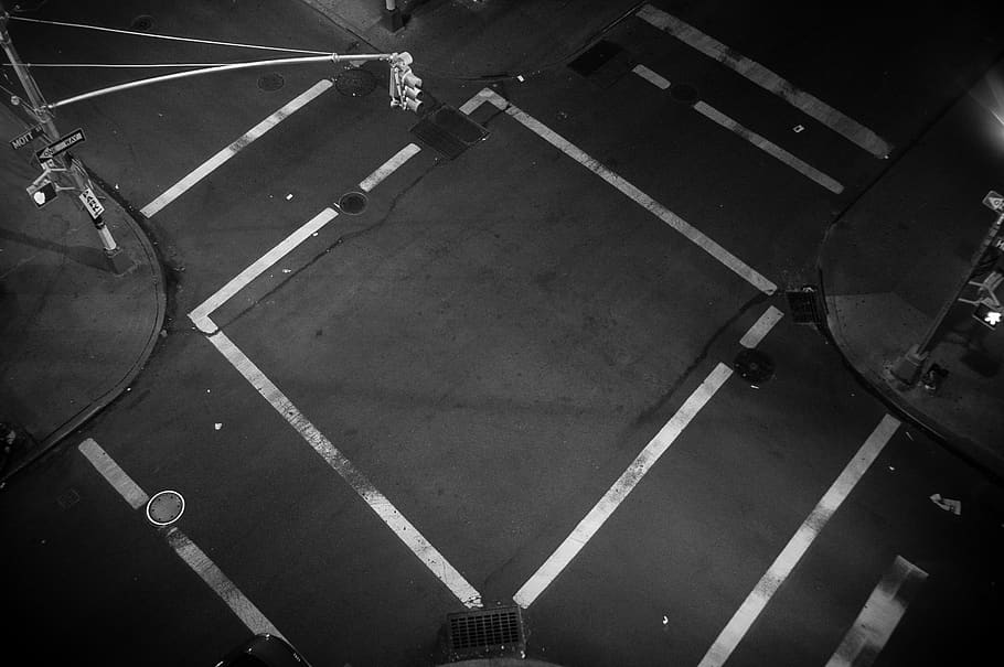 black white, geometric pattern, junction, road intersection, road signs, roads, street lights, streets, road marking, marking