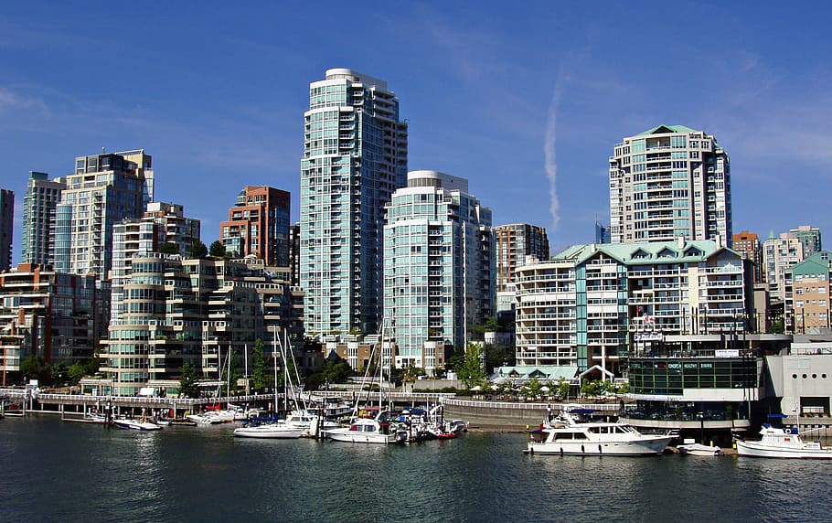 high-rise, building, dock, Skyline, Vancouver, British Columbia, vancouver, british columbia, canada, city, shoreline