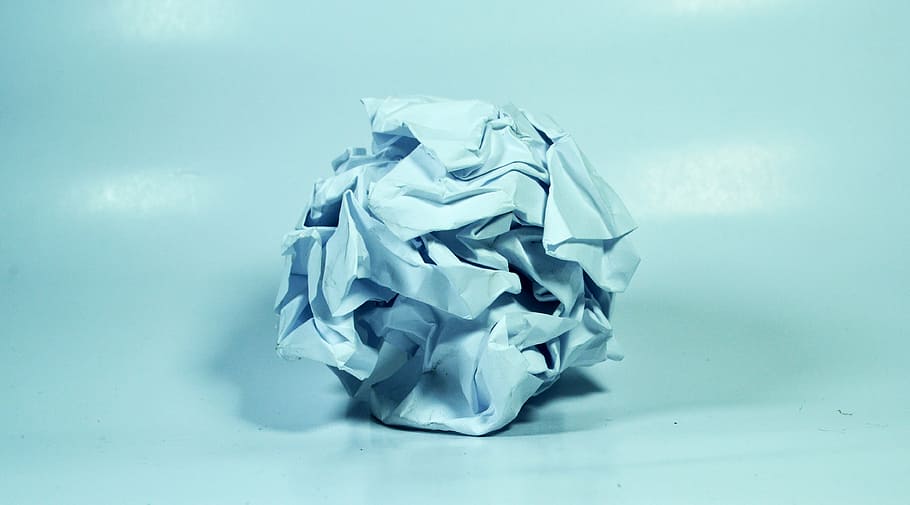 white crumbled paper, crushed paper, paper, crushed, anger, angry, mistake, blue, crumpled, indoors