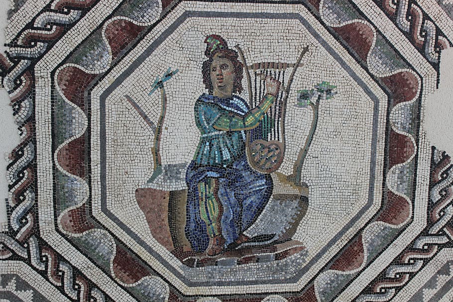 antique, mosaic, rome, vestige, archaeology, st-roman-en-gal, orpheus, lyre, representation, human representation