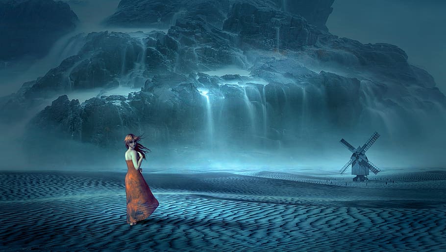 woman, wearing, orange, dress, standing, sand, fantasy, waterfall, mill, desert