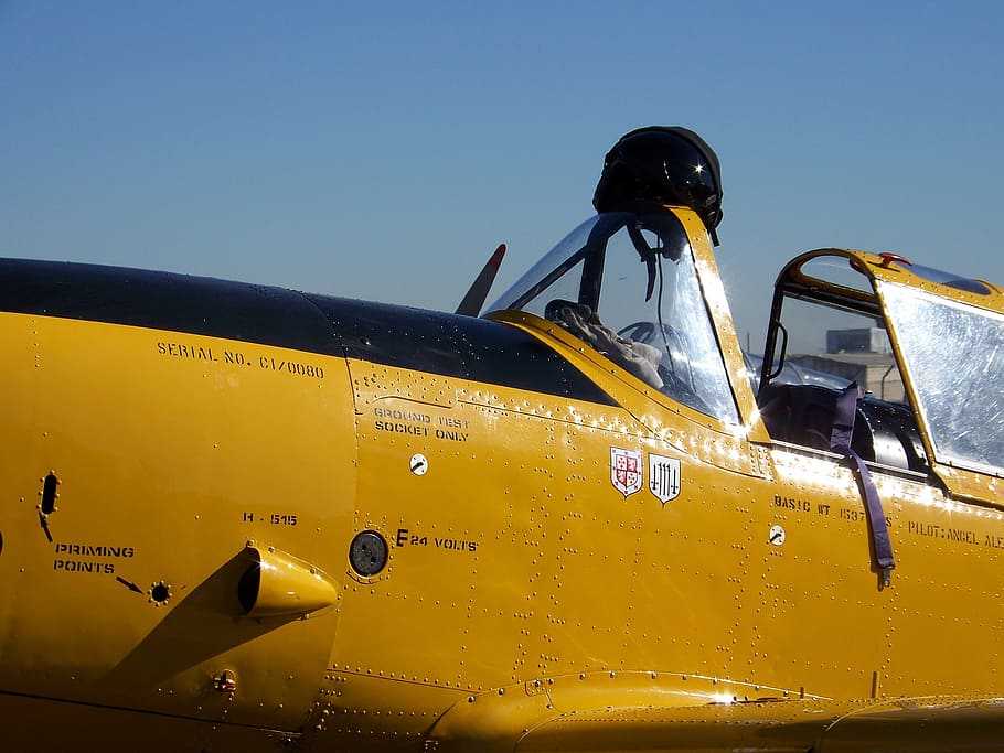 avión, casco, listo, vintage, antiguo, Amarillo, modo de transporte, transporte, cielo, nadie