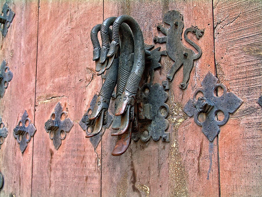 gray metal arch handlebar, metal, old, door, close-up, entrance, day, weathered, wood - material, safety
