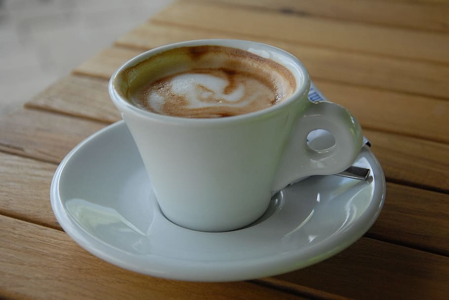 moca, blanco, cerámica, taza de té, arriba, platillo, en la parte superior, café, bar, cafetería