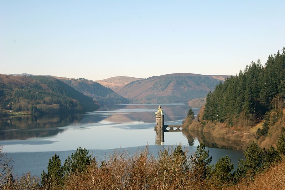 aerial, photography, body, water, castle, lake, vyrnwy, wales, landscape, wilderness