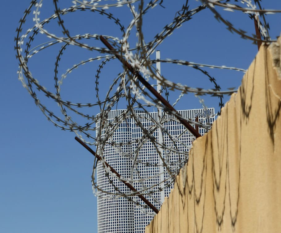 tel aviv, skyscraper, fence, barbed Wire, sky, razor wire, protection, security, low angle view, safety