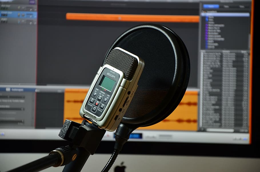 grey, black, condenser microphone, pop filter, inside, room, microphone, audio, recording, micro