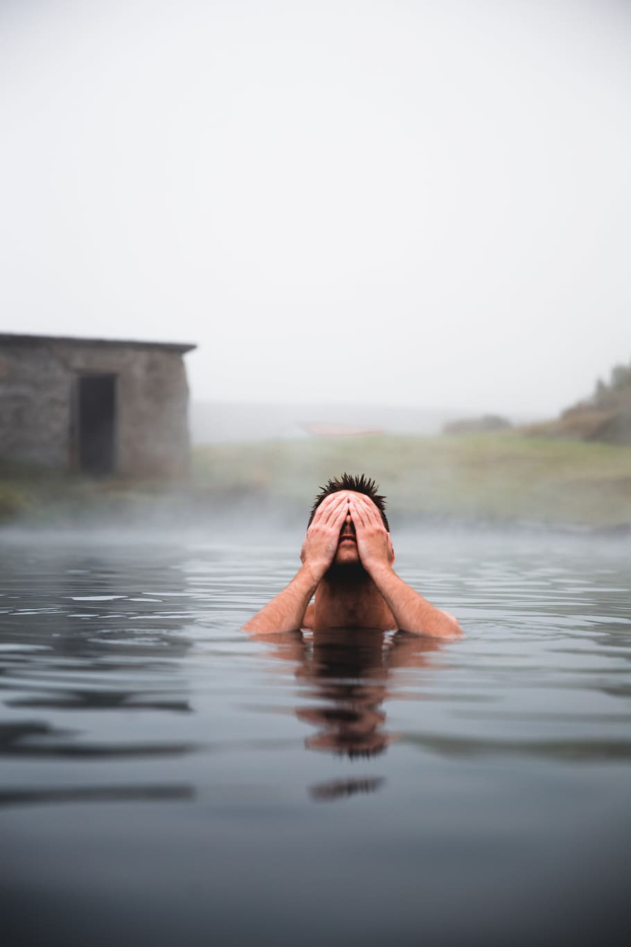 swim, man, nature, outdoors, outside, pool, hot spring, mist, wet, spa