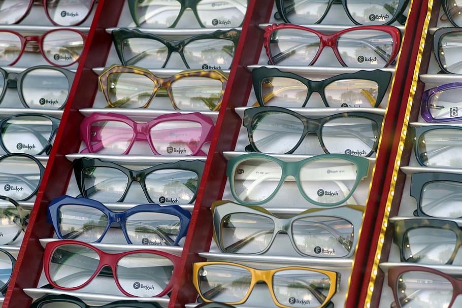 kacamata, pameran, toko kacamata, lensa, toko, beli, penglihatan, penuh warna, pilihan, bingkai penuh