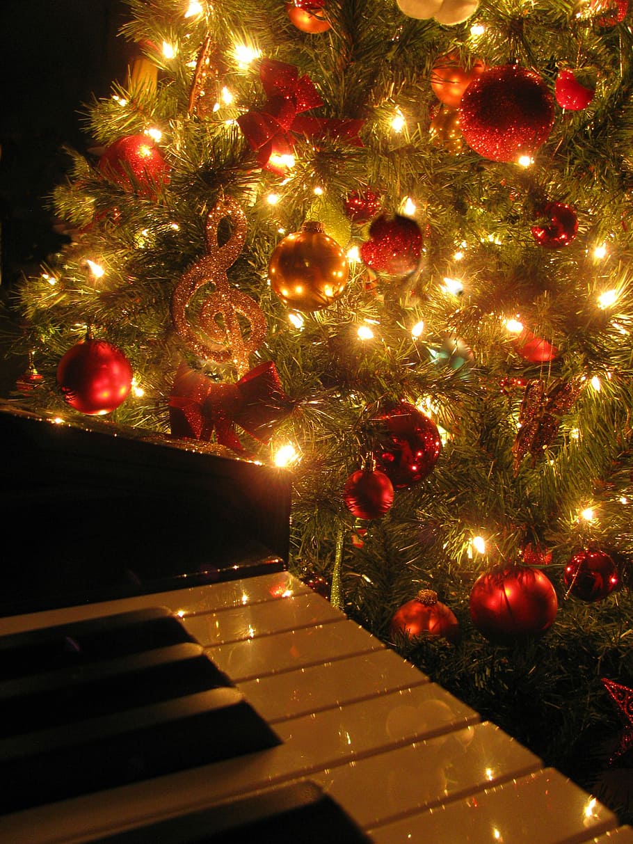 close-up photo, green, red, baubles, string lights, Christmas, Music, Piano, Holiday, christmas music