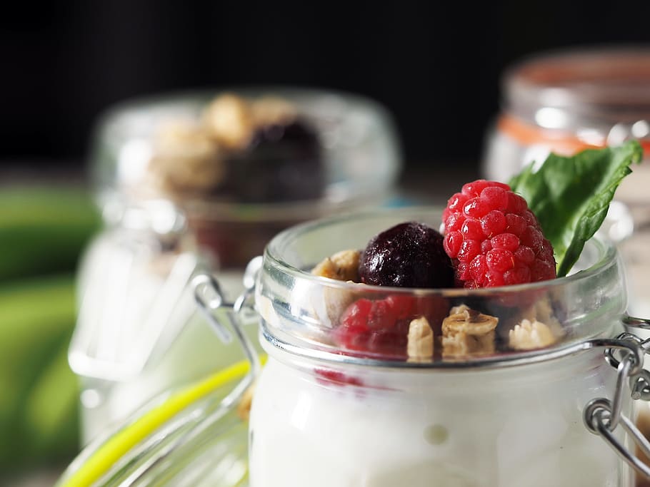 clear, glass airtight jars, yogurt, parfait, glass, fruit, fresh, nuts, berries, berry