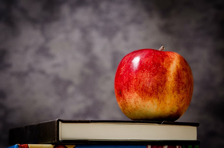 red, apple, top, black, covered, book, ripe, textbook, class, classroom