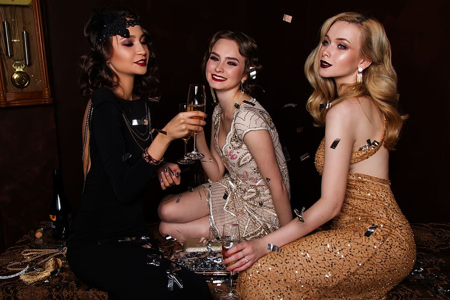 three, women drinking champagne, blonde, hair, glitter, glamour, luxury, people, grown up, woman