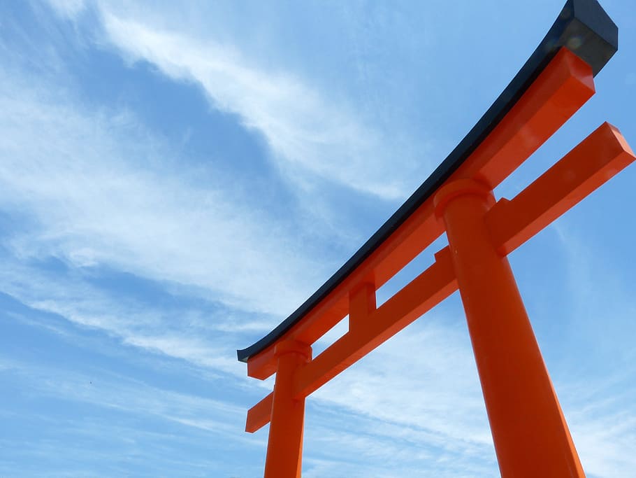 low, angle photo, shrine, japan, torii, kyoto, kyoto prefecture, torii gate, gate, buddhism