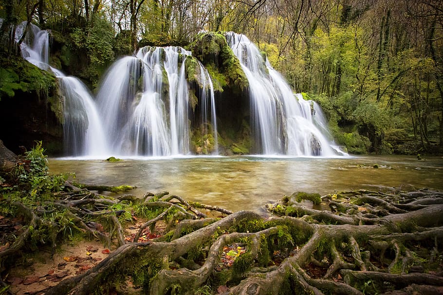 time lapse photo, waterfalls, surrounded, trees, cascade, waterfall, water, nature, landscapes, water courses