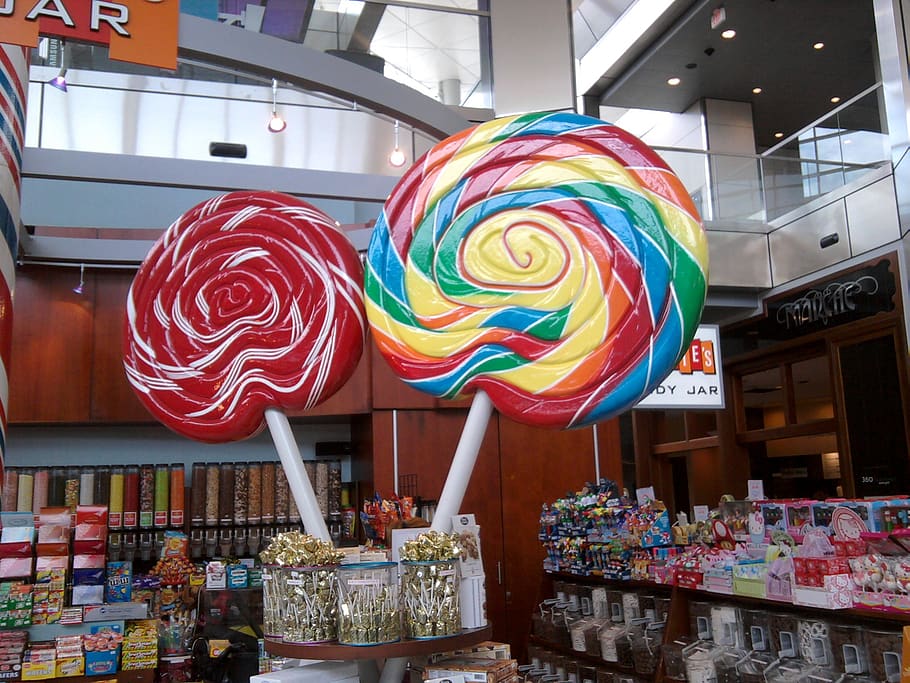 lollipop, besar, toko permen, manis, makanan, kesenangan, warna-warni, konpeksi, garis-garis, berwarna multi