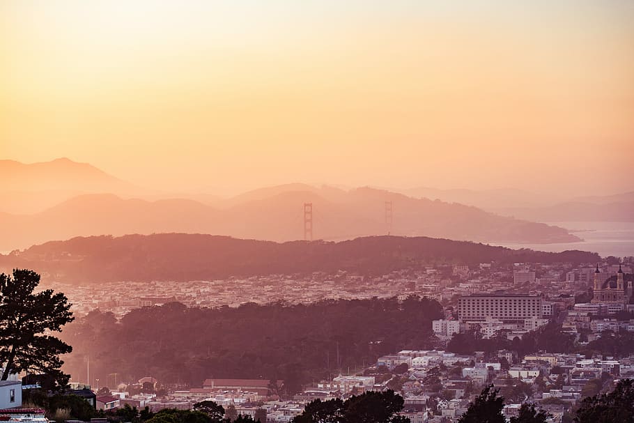 evening san francisco hills, golden, gate bridge, Evening, Golden Gate Bridge, Distance, architecture, city, foggy, hills