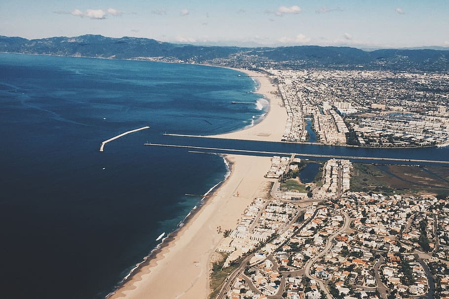 Marina Del Rey, Califórnia, aérea, vista, praia, areia, costa, oceano, mar, água