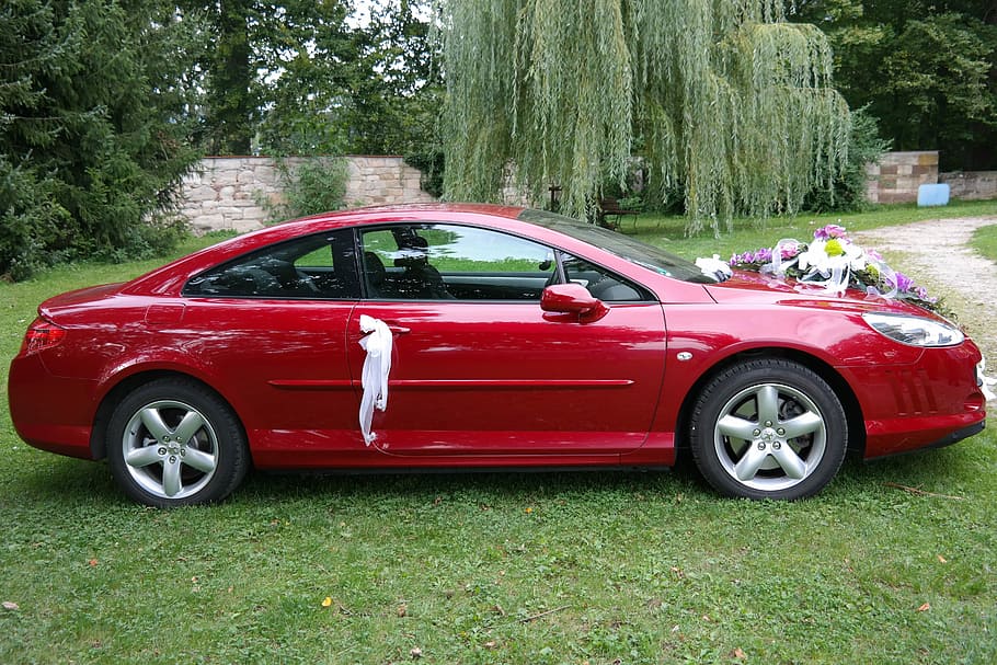 red, coupe, parked, trees, Bridal, Car, Wedding, Limousine, bridal car, spotlight