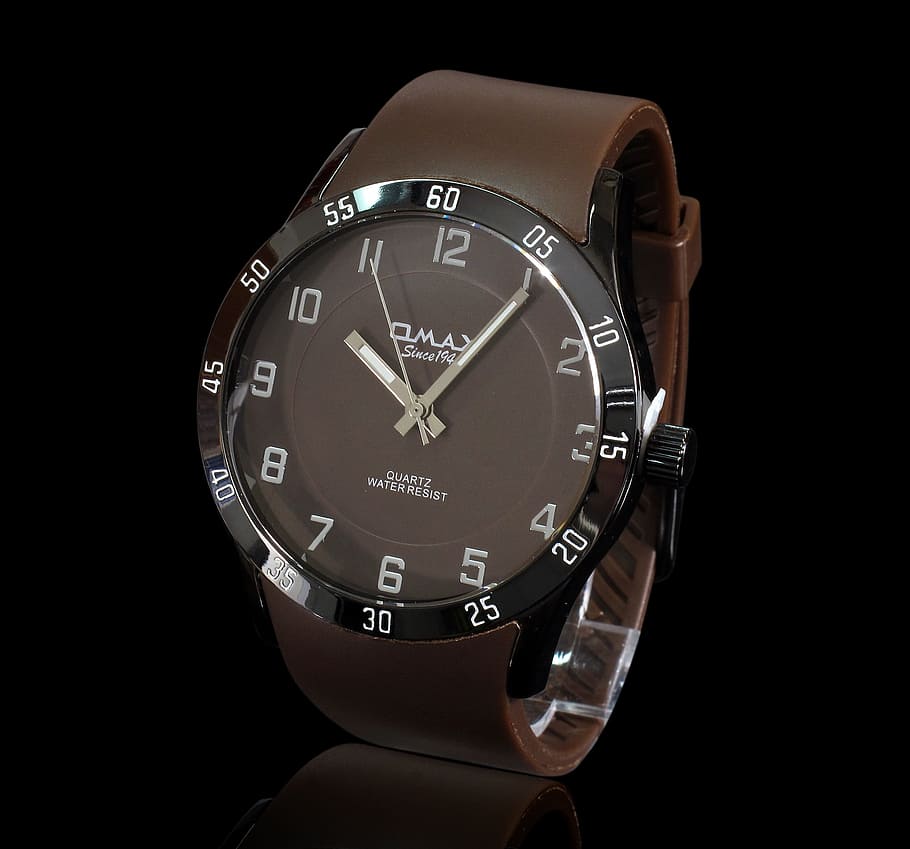 round, black, analog, watch, brown, leather, strap, male watch, wrist watch, packshot
