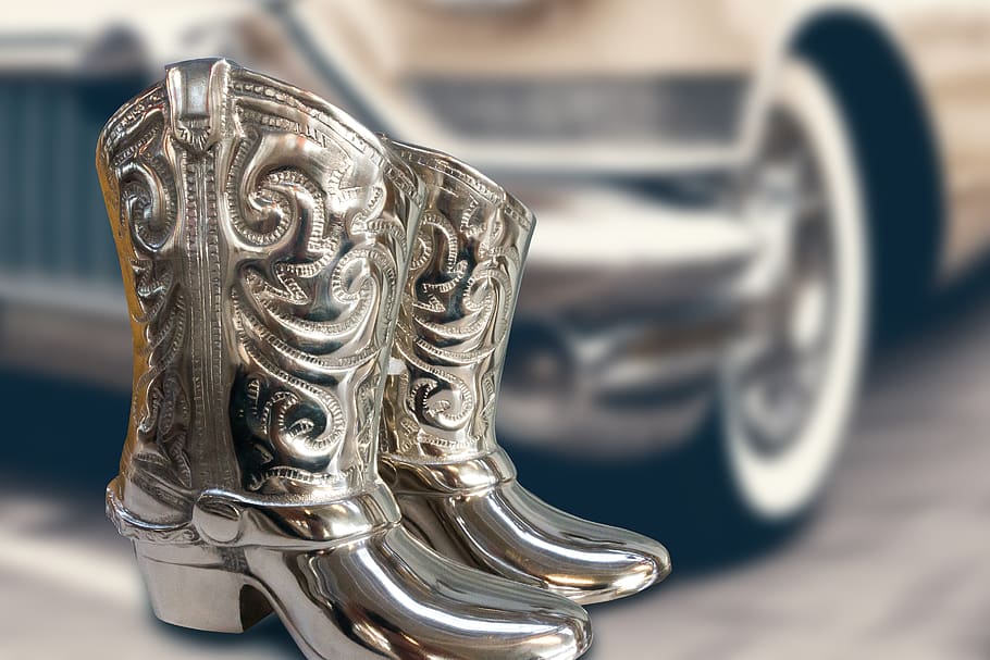 boots, cowboy boots, silver, decoration, vacations, memory, oldtimer, straßenkreuzer, metal, close-up