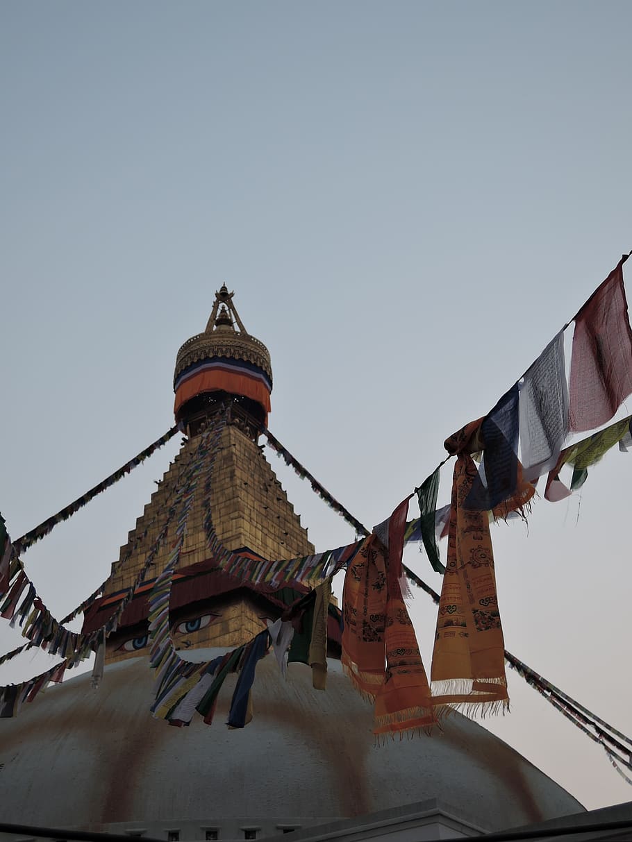 nepal, temple, flags, dawn, sunrise, travel, culture, prayer, sky, architecture