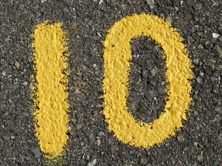 yellow, 10 number ground paint, number, ad, color, asphalt, road, digit, numbering, ten
