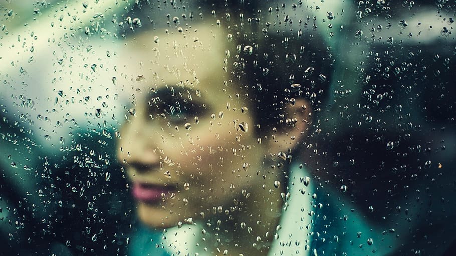 mulher, chuva, janela, molhado, bokeh, transparente, vidro, água, gotículas, negócios