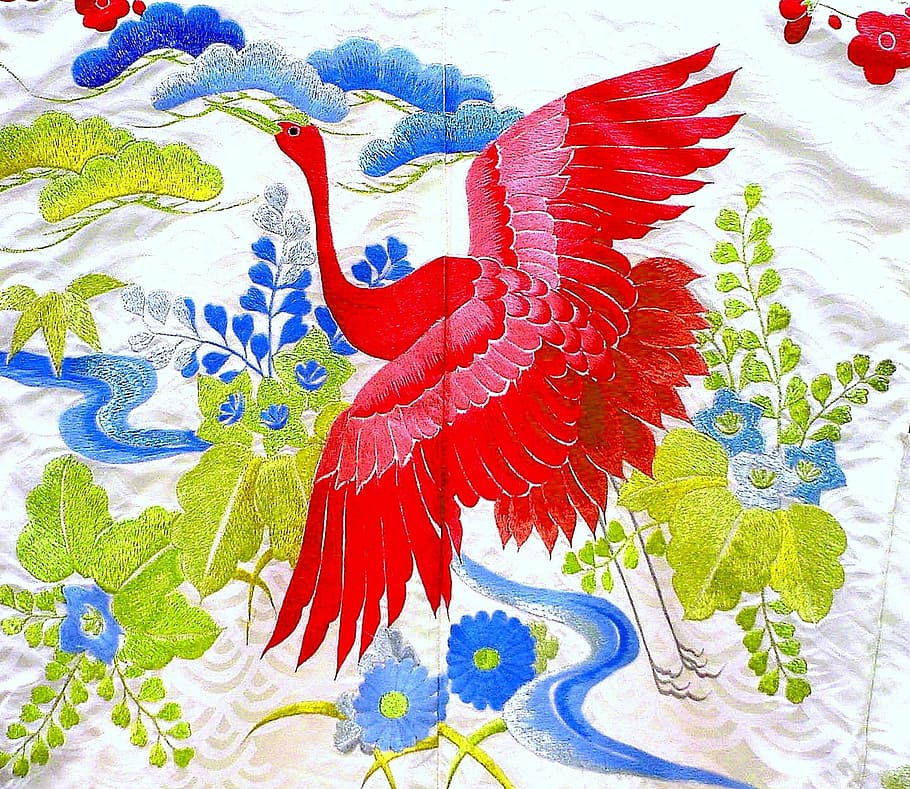 red, bird, blue, green, flower textile, kimono, japanese, traditional, fabric, silk