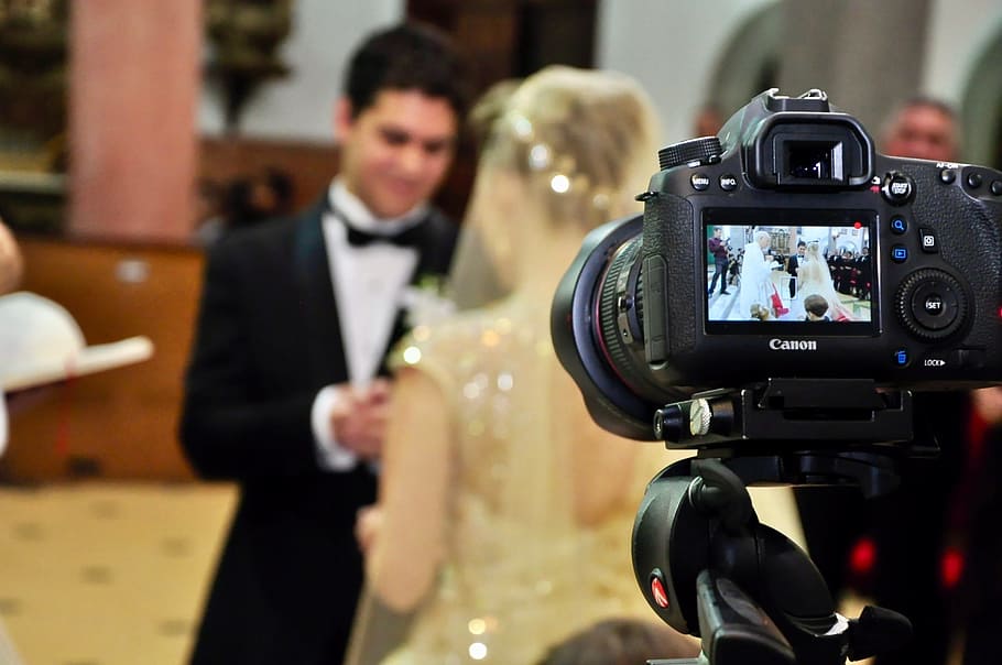 selectivo, fotografía de enfoque, cámara, visualización, casado, pareja, entre bastidores, desenfoque, día de la boda, novio