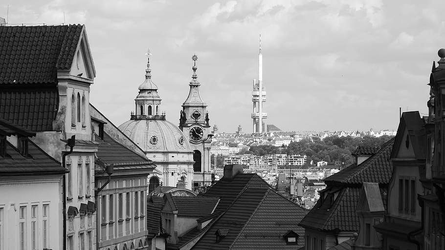 prague, panorama, old town, the church of st nicholas, žižkov tower, zizkov, european architecture, czech republic, historical monuments, tourist destinations in europe