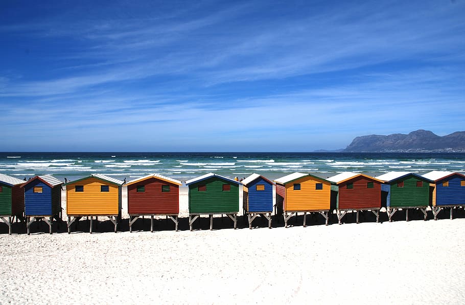 colores variados, casas, costa, isla, día, playa, cabaña, cabañas, cabañas de playa, mar