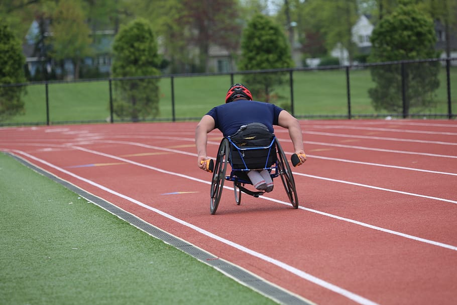 competencia, atletismo, carrera, corredor, silla de ruedas de carrera, pista, campo, verde, discapacidad, deporte
