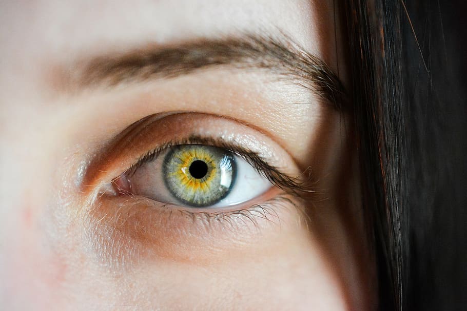fotografía de retrato, mujer, amarillo, gris, ojo, iris, algas, macro, desenfoque, natural
