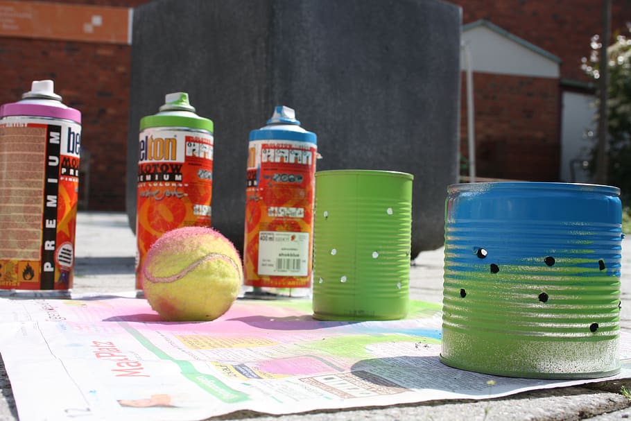 youth work, spray can, tennis ball, color, box, tin can, art, metal box, colorful, utensils