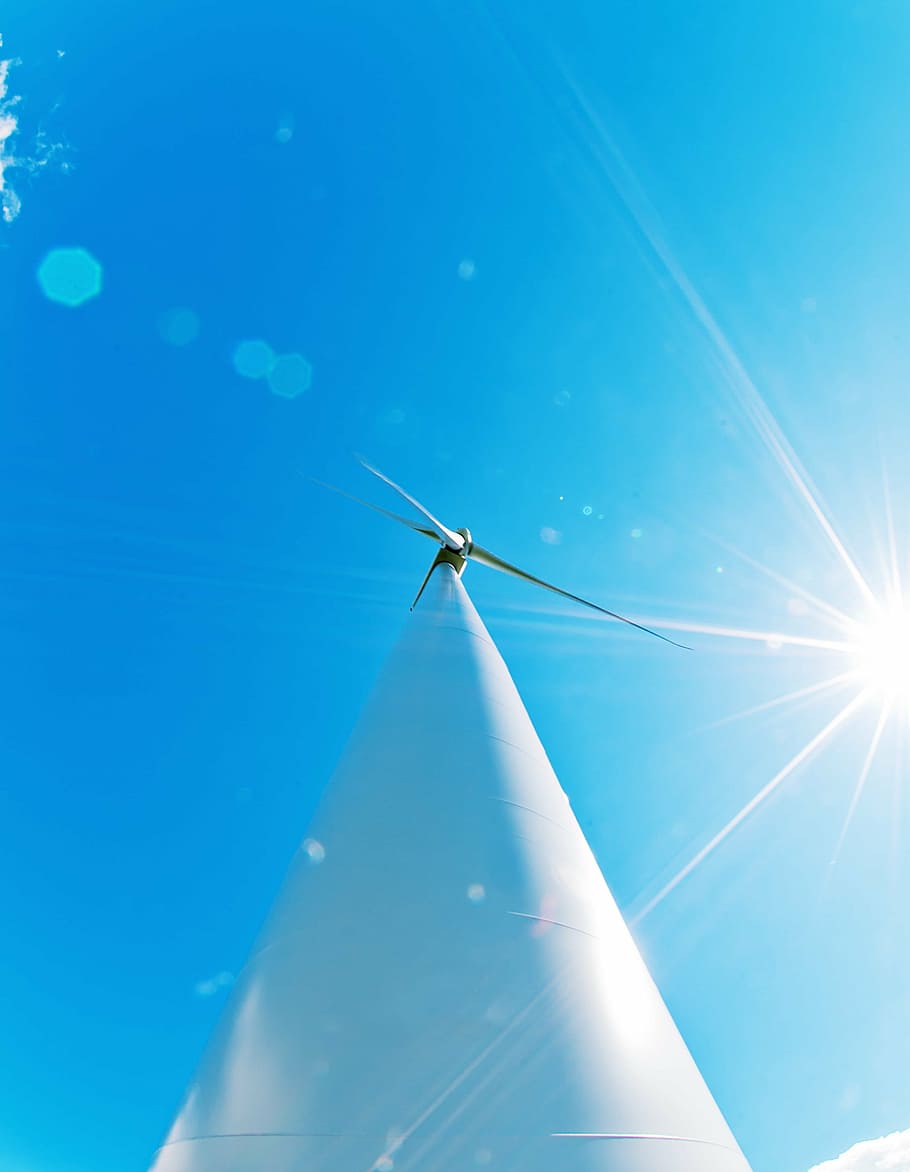 baixo, foto do ângulo, branco, moinho de vento, azul, céu, céu azul, energia, engenharia, industrial